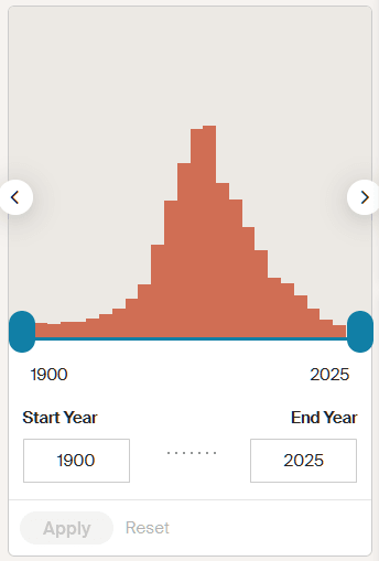 Bar graph showing the number of search results by year from 1900 to 2025, with a peak in the mid-1900s. A date range is selected using two sliders, with Start Year set to 1900 and End Year set to 2025. You can adjust the range by moving the sliders or editing the year fields, then selecting Apply.