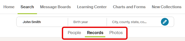 Search results page showing category tabs for People, Records, and Photos above the results. The Records tab is selected by default, with People and Photos available to switch between different types of results.